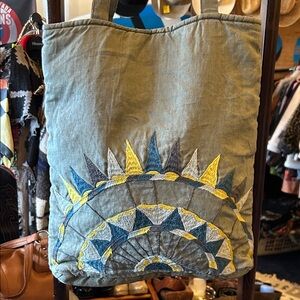 Embroidered Tote Bag with Geometric Sun Design